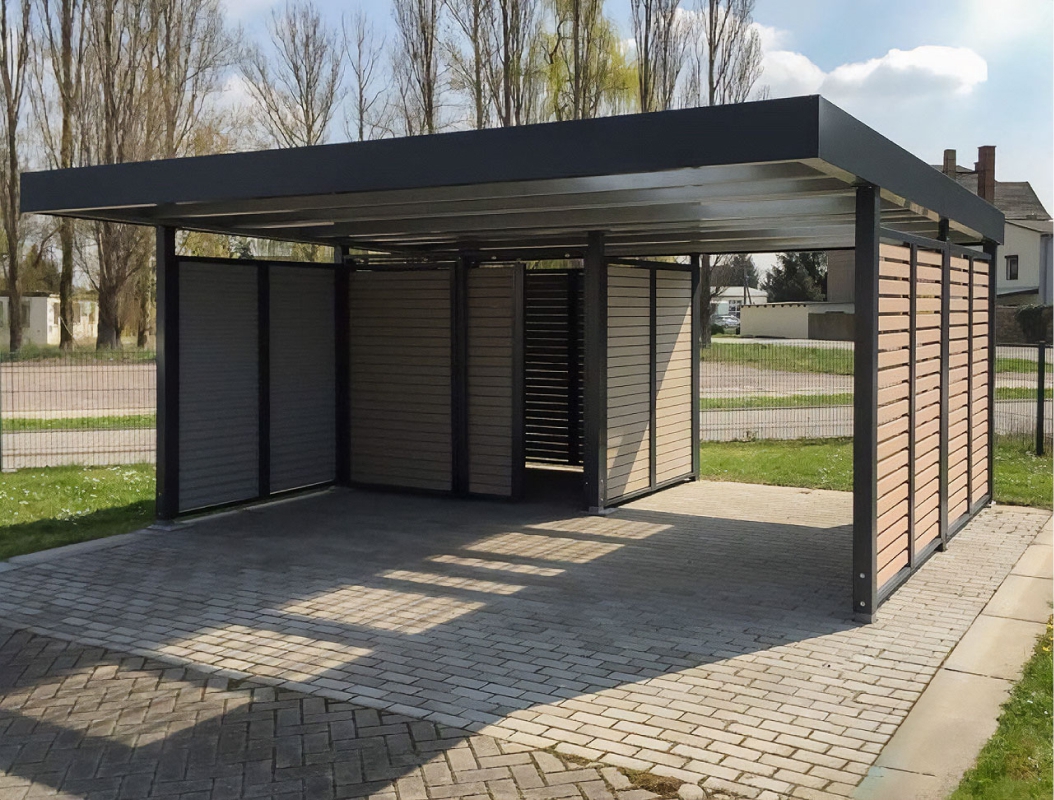 Односкатный автонавес из поликарбоната в стиле хай-тек для автомобиля с закрытыми боковинами